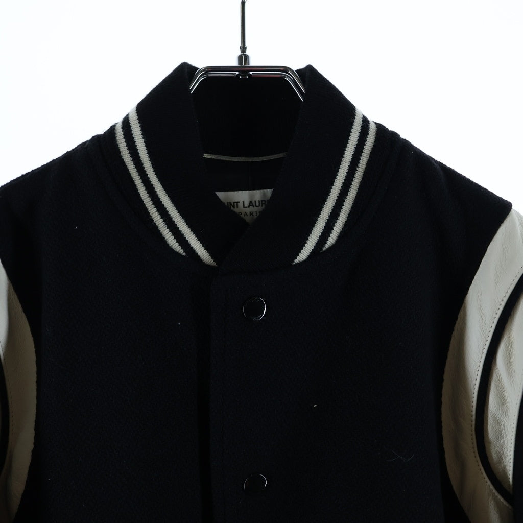 SAINT LAURENT PARIS(サンローランパリ) TEDDY JACKET テディジャケット レザートリムウールスタジアムジャンパー ブルゾン ブラック 354718 Y180W