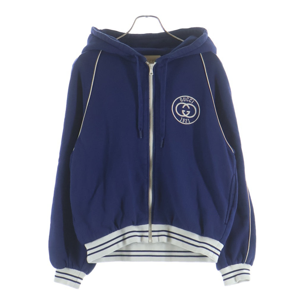 GUCCI(グッチ) COTTON JERSEY SWEATSHIRT WITH PATCH パッチデザイン コットン ジップアップ フーデッド スウェット パーカー ブルー 756648 XJFV7