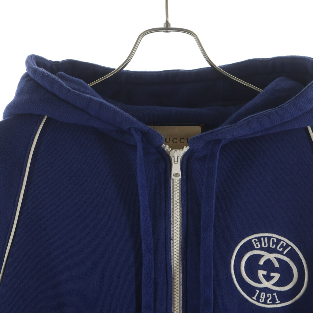 GUCCI(グッチ) COTTON JERSEY SWEATSHIRT WITH PATCH パッチデザイン コットン ジップアップ フーデッド スウェット パーカー ブルー 756648 XJFV7