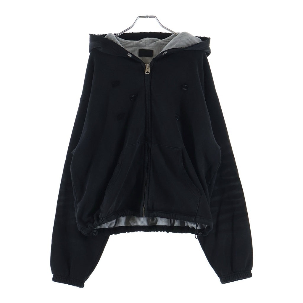 Danke Schon(ダンケシェーン) SULFUR SWEAT THERMAL ZIP HOODIE 裏地サーマル デストロイ加工 ジップアップフーディー パーカー ブラック 250930