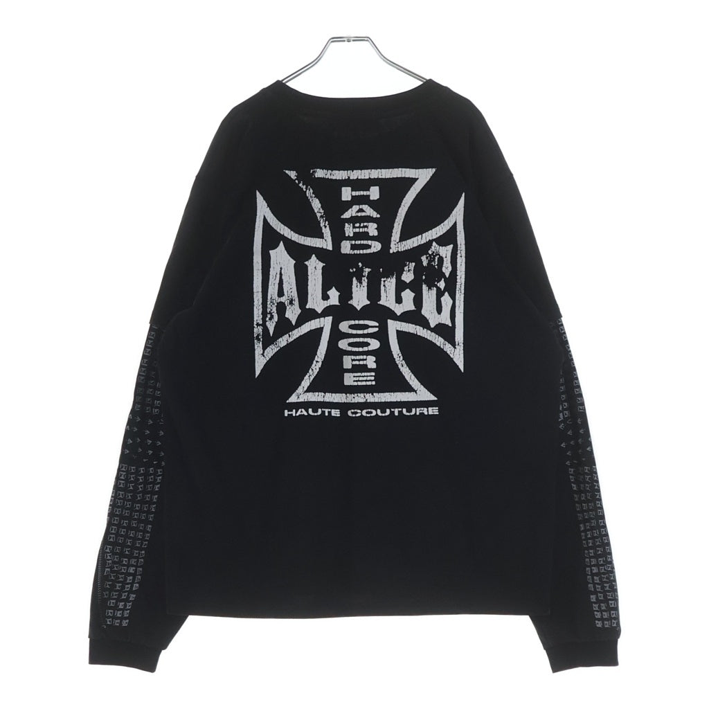 Alice Hollywood(アリス ハリウッド) フロントロゴデザイン アーム切り替え クルーネック カットソー 長袖Tシャツ ブラック