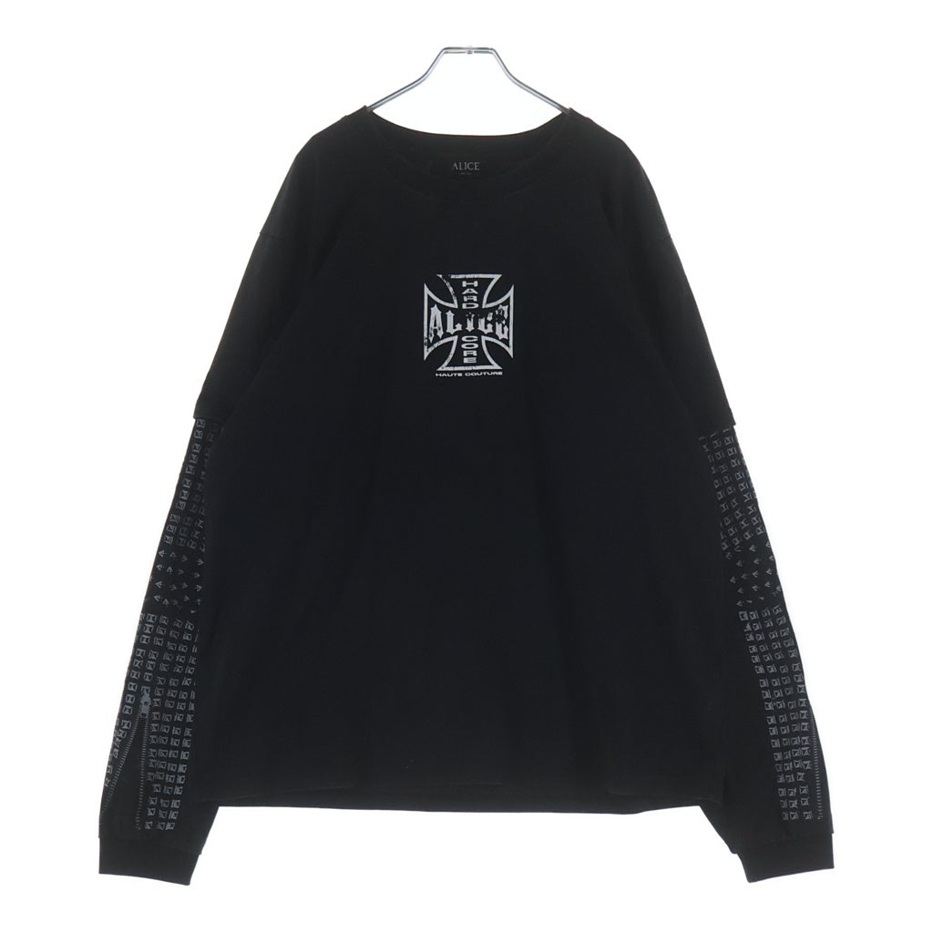 Alice Hollywood(アリス ハリウッド) フロントロゴデザイン アーム切り替え クルーネック カットソー 長袖Tシャツ ブラック