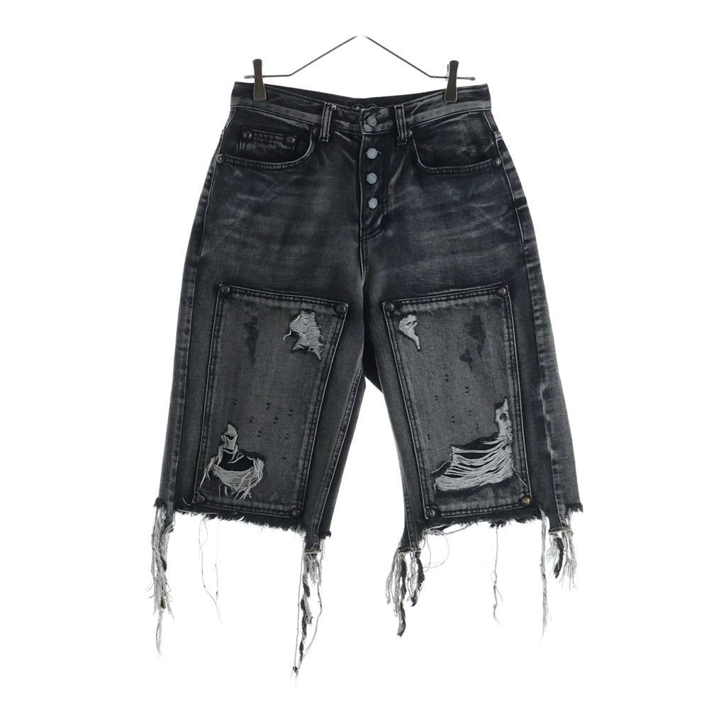 THUG CLUB(サグクラブ) DOUBLE KNEE DAMAGE SHORTS ダブルニー ダメージデニムショーツ ブラック TC24PT0302