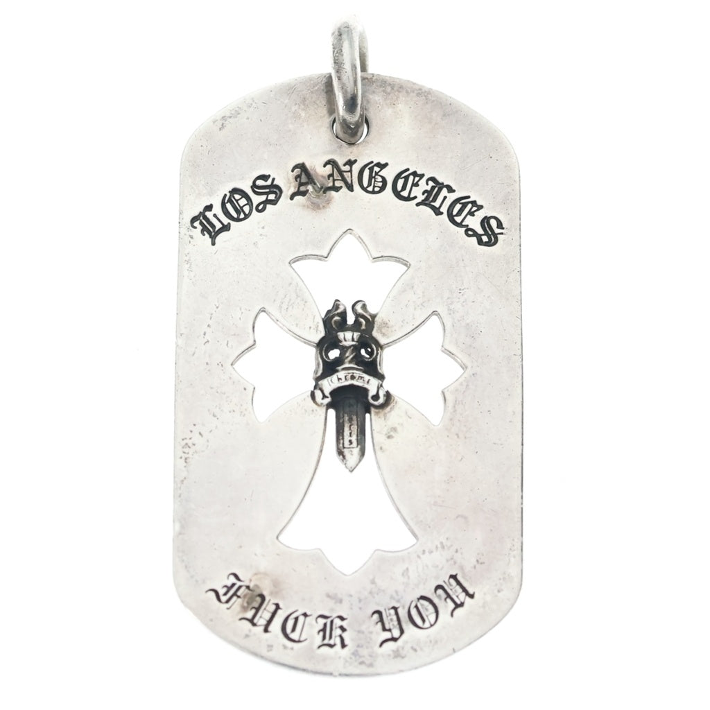 CHROME HEARTS(クロムハーツ) D TAG LRG CROSS DAGG LA FUCK YOU LA限定カットアウトクロスダガー ラージドッグタグ チャーム ペンダントトップ シルバー