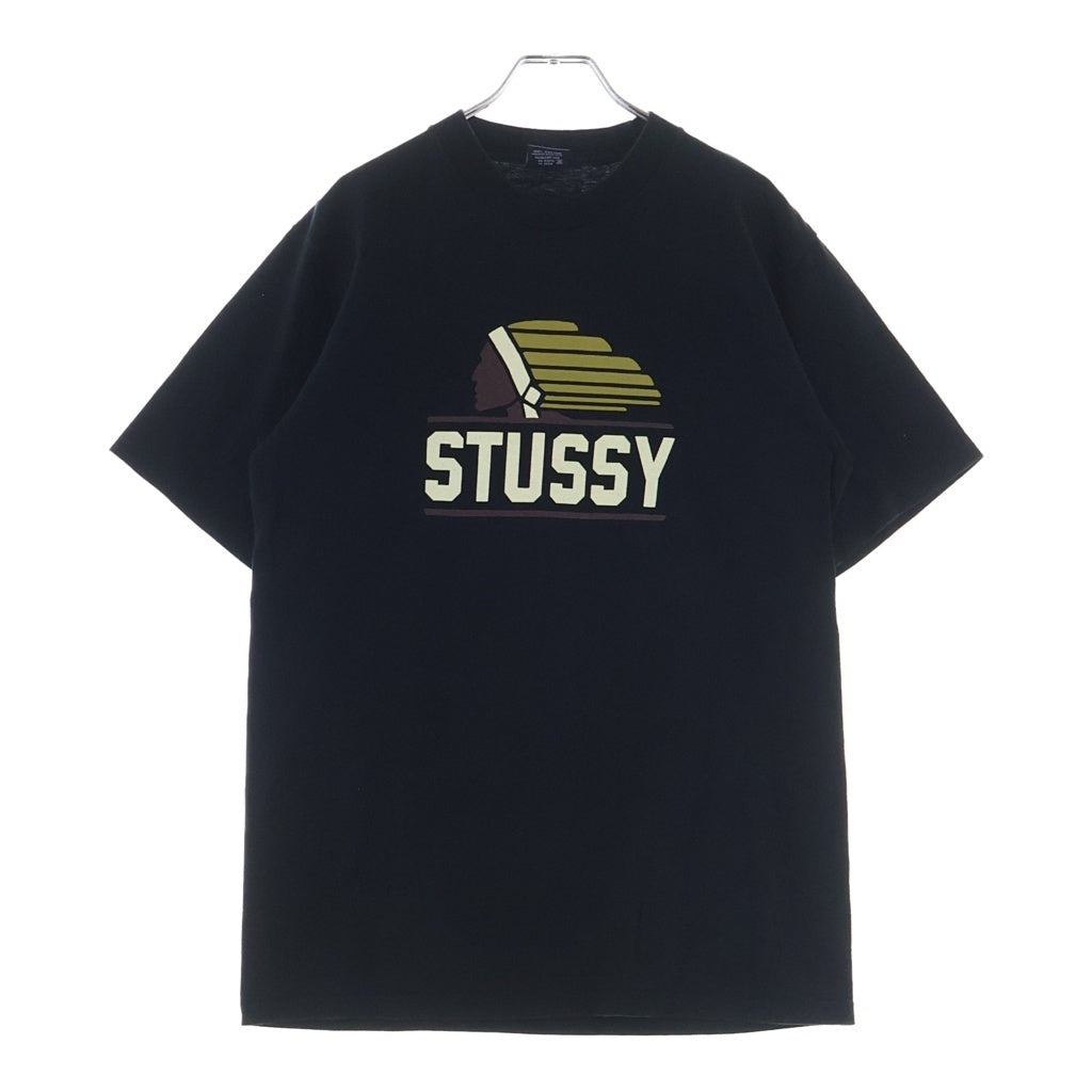 STUSSY(ステューシー) フロントロゴデザイン インディアン クルーネック カットソー 半袖Tシャツ ブラック
