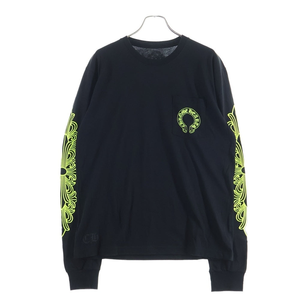 CHROME HEARTS(クロムハーツ) Floral Cross Horseshoe Long Sleeve Tee フローラルクロス ホースシュー ロングスリーブ Tシャツ ブラック/ネオンイエロー -