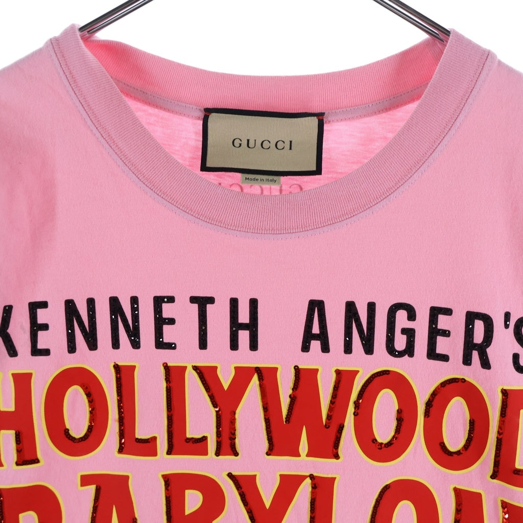 GUCCI(グッチ) 2SS KENNETH ANGERS HOLLYWOOD BABYLON ハリウッド ロゴデザイン クルーネック カットソー 半袖Tシャツ ピンク 616036 XJEJU レディース