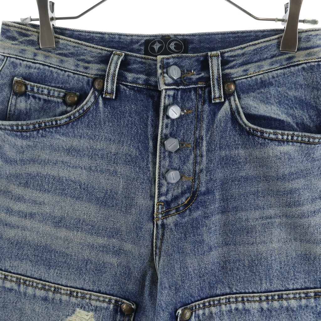 THUG CLUB(サグクラブ) DOUBLE KNEE DAMAGE SHORTS ダブルニー ダメージ加工 デニム ハーフパンツ インディゴ TC24PT0301