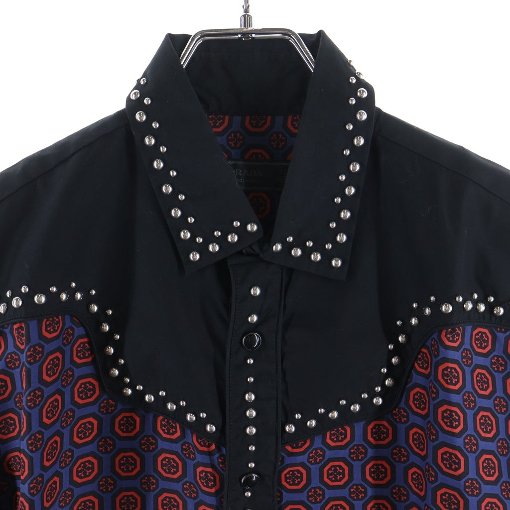 PRADA(プラダ) 12SS ARCHIVE STUDDED SHIRT USC183 アーカイブ スタッズ装飾付き 半袖シャツ ボルドー/ブラック