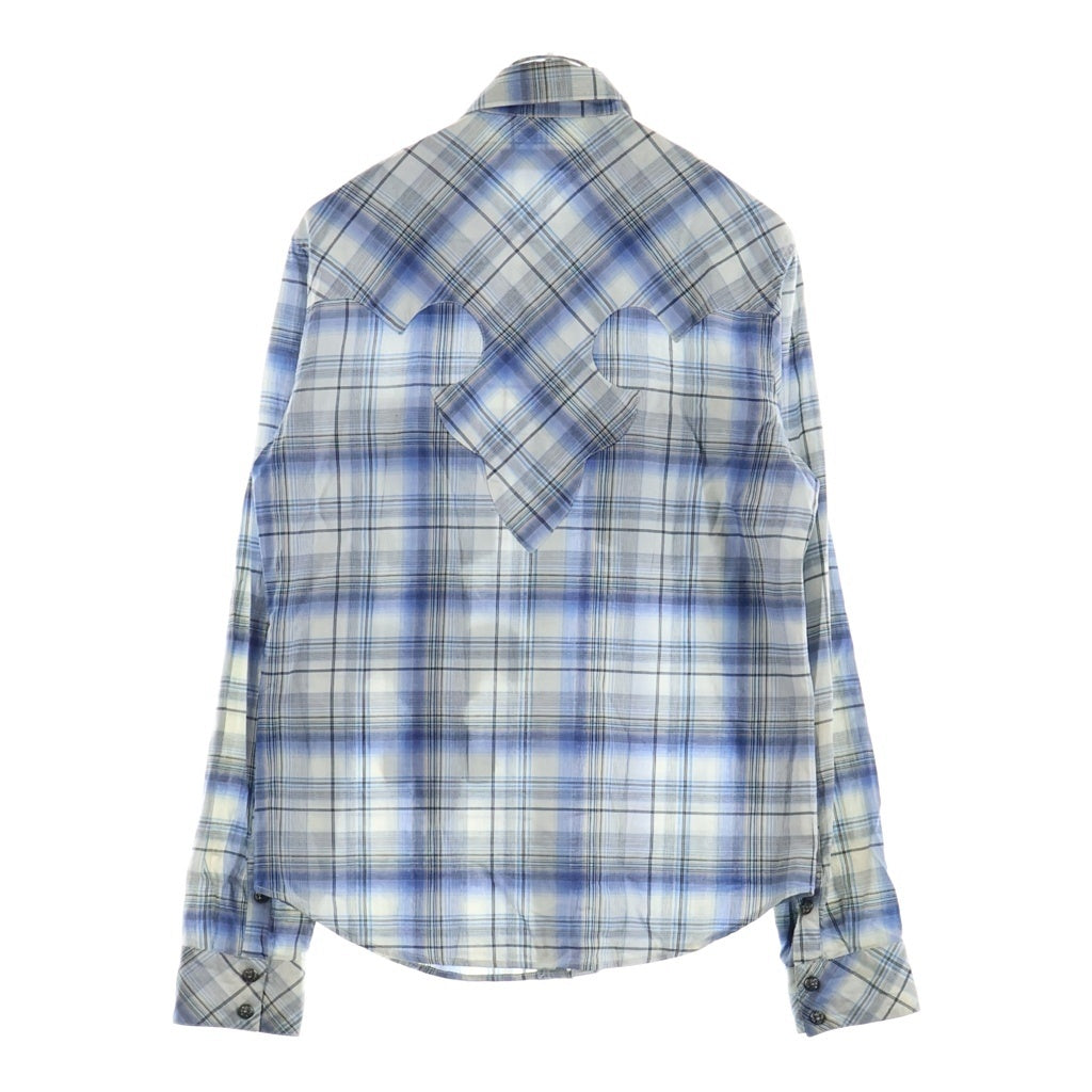 CHROME HEARTS(クロムハーツ) チェック総柄 BSフレア レザーパッチ ダガージップ クロスボール スナップボタン 長袖シャツ ブルー/ホワイト