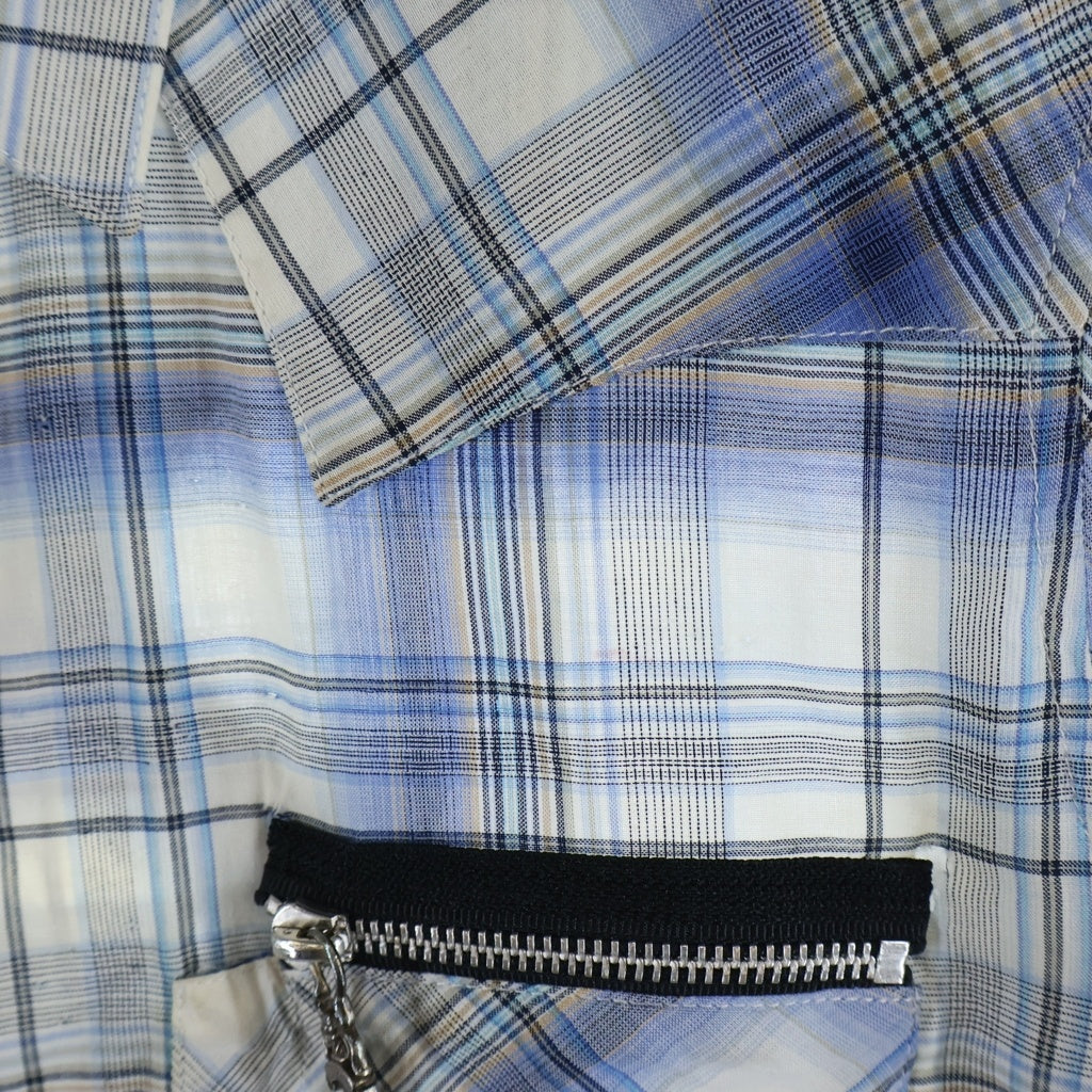 CHROME HEARTS(クロムハーツ) チェック総柄 BSフレア レザーパッチ ダガージップ クロスボール スナップボタン 長袖シャツ ブルー/ホワイト
