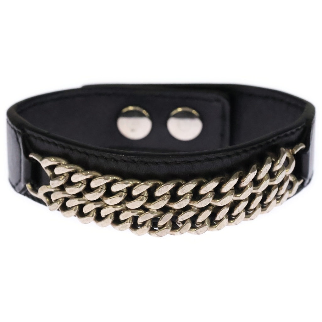 SAINT LAURENT PARIS(サンローランパリ) ダブルチェーン レザーブレスレット ブラック/シルバー レディース