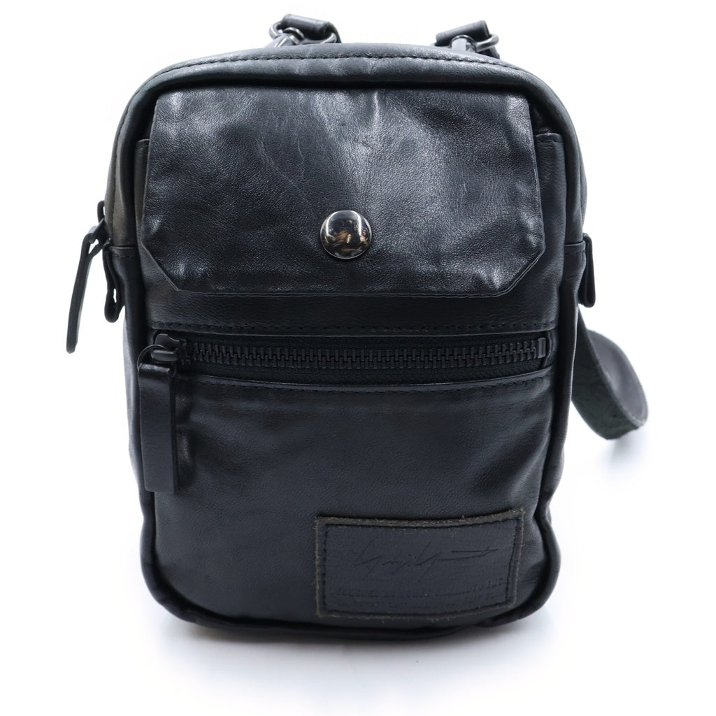 Yohji Yamamoto POUR HOMME(ヨウジヤマモト プールオム) ロゴデザイン レザー ダブル ショルダーバッグ ブラック