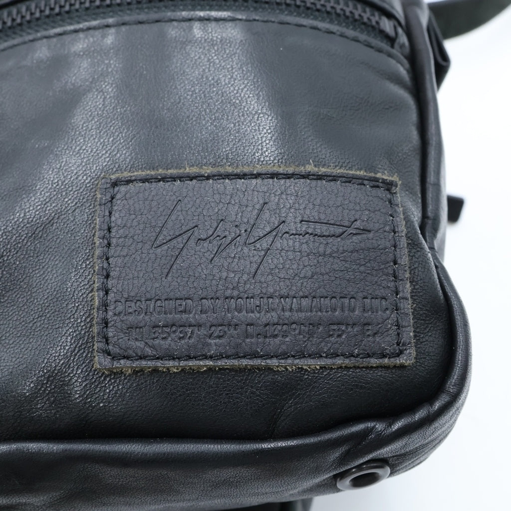 Yohji Yamamoto POUR HOMME(ヨウジヤマモト プールオム) ロゴデザイン レザー ダブル ショルダーバッグ ブラック