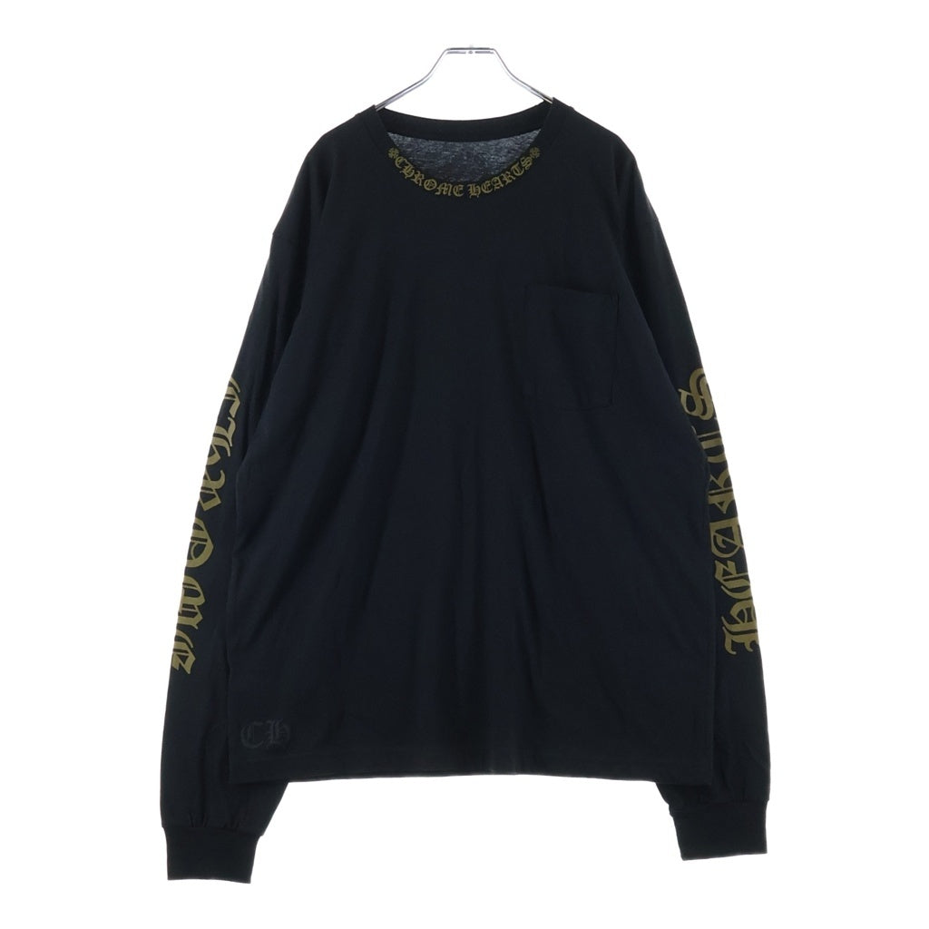 CHROME HEARTS(クロムハーツ) CH L/S ネックロゴ 袖英字プリント クルーネック カットソー 長袖Tシャツ ブラック