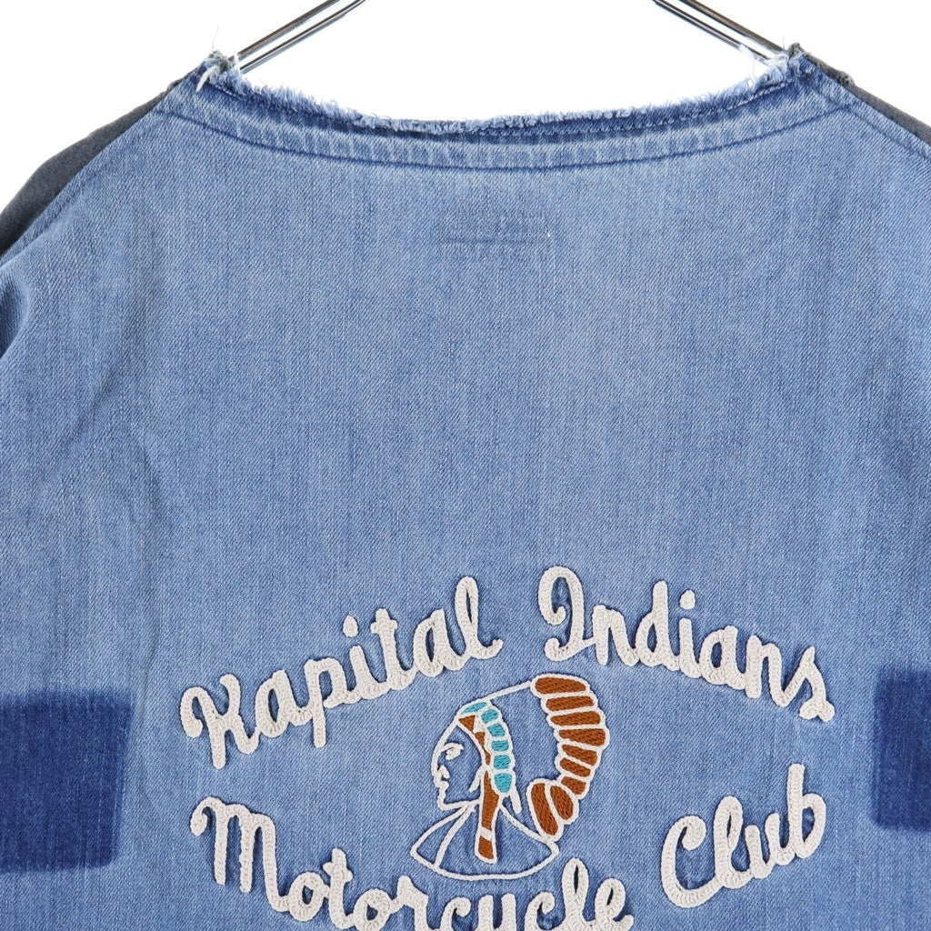 KAPITAL(キャピタル) KOUNTRY INDIANS MOTORCYCLE CLUB カントリー インディアン モーターサイクル デニム切り替え カットソー 半袖Tシャツ インディゴ/ブラック