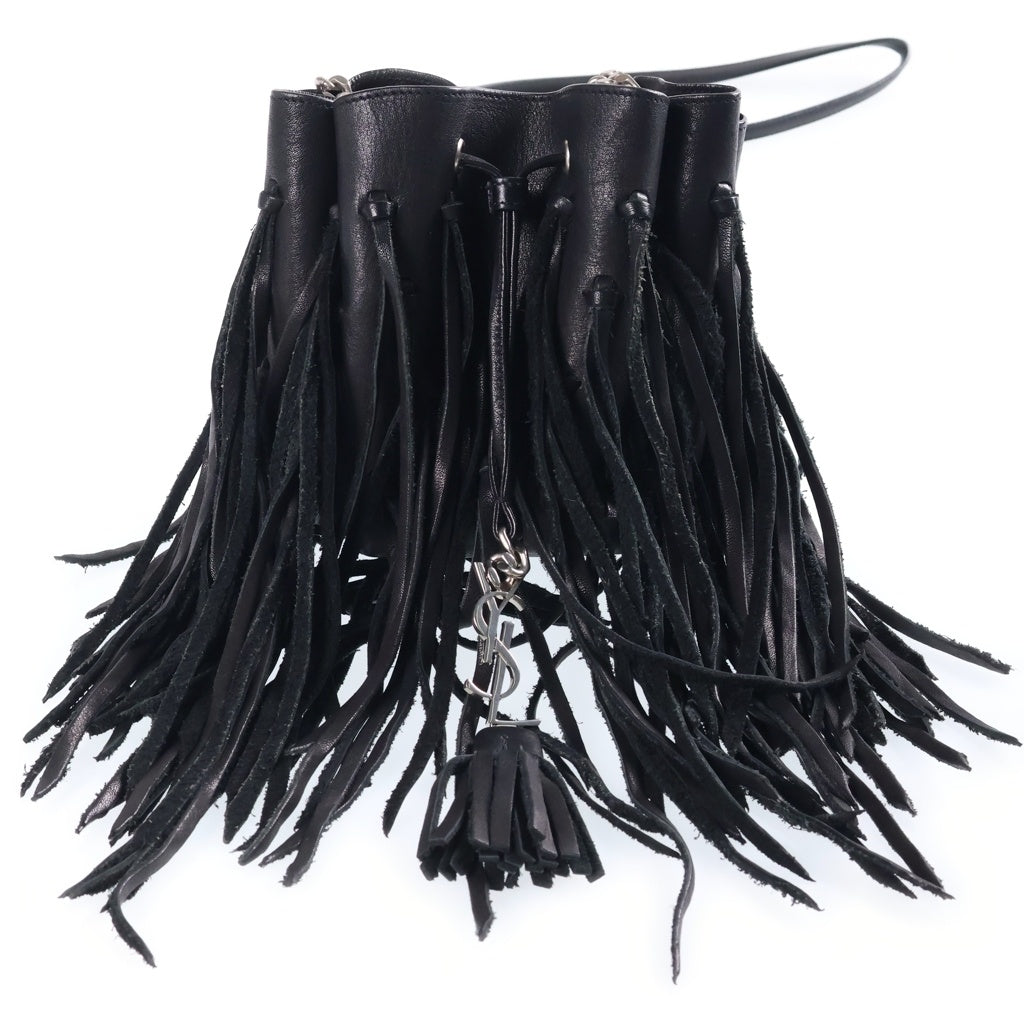 SAINT LAURENT PARIS(サンローランパリ) LAURENT PRE OWNED FRINGE BAG ローレンフリンジ ロゴデザイン レザーバック ブラック レディース