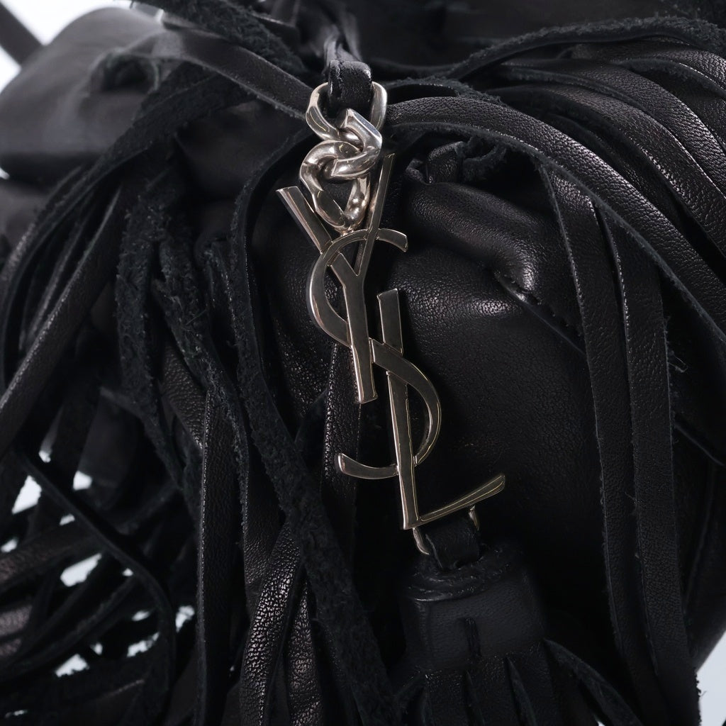 SAINT LAURENT PARIS(サンローランパリ) LAURENT PRE OWNED FRINGE BAG ローレンフリンジ ロゴデザイン レザーバック ブラック レディース