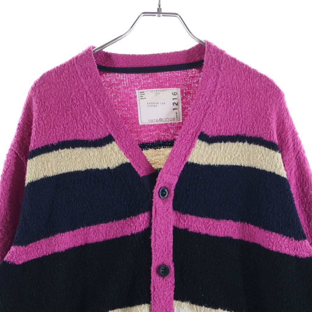 Sacai(サカイ) マルチボーダー コット ンシャギーニット カーディガン ピンク 17-01216M
