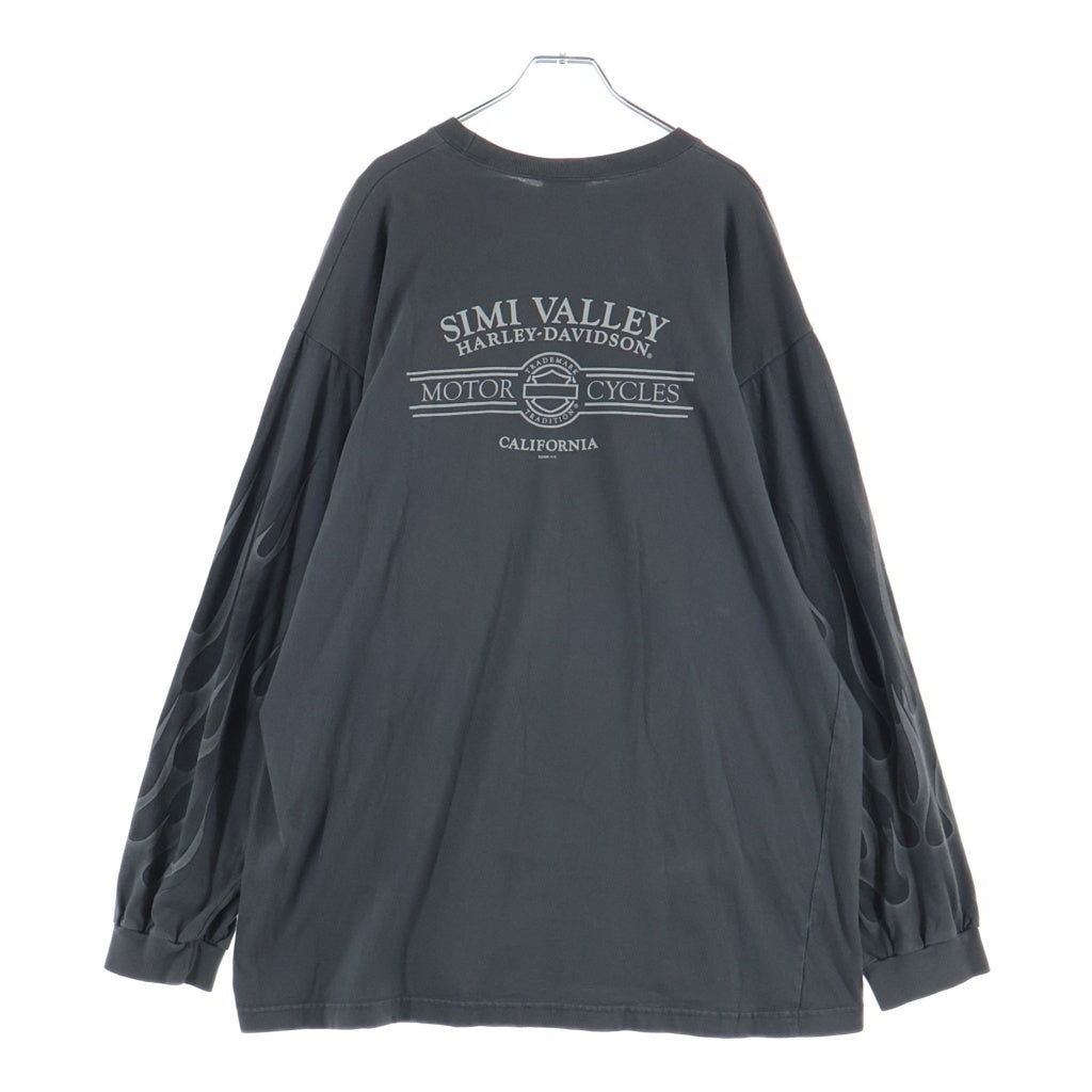 HARLEY DAVIDSON(ハーレーダビッドソン) 00S VINTAGE FLAME TEE ヴィンテージ ロゴデザイン 袖フレームデザイン クルーネック カットソー 長袖Tシャツ グレー