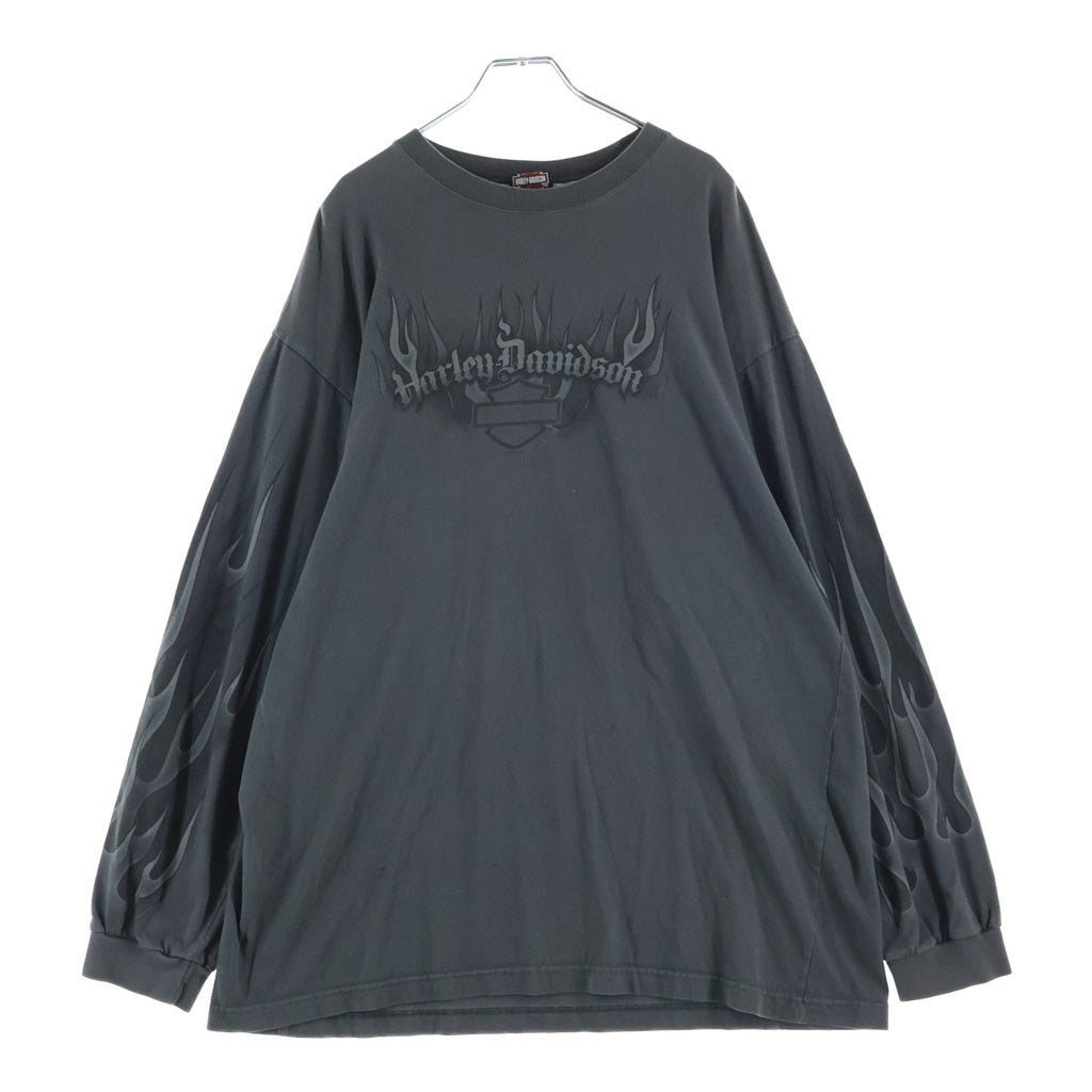 HARLEY DAVIDSON(ハーレーダビッドソン) 00S VINTAGE FLAME TEE ヴィンテージ ロゴデザイン 袖フレームデザイン クルーネック カットソー 長袖Tシャツ グレー