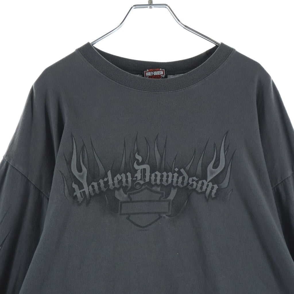 HARLEY DAVIDSON(ハーレーダビッドソン) 00S VINTAGE FLAME TEE ヴィンテージ ロゴデザイン 袖フレームデザイン クルーネック カットソー 長袖Tシャツ グレー