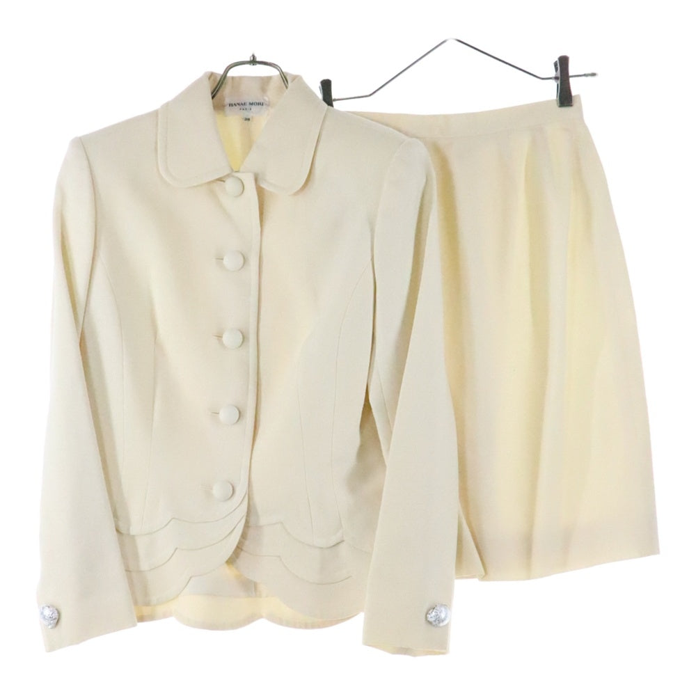 HANAE MORI(ハナエモリ) ラウンドカラー ボタンフライ ウールジャケット 2タックタイトスカート セットアップ レディース アイボリー