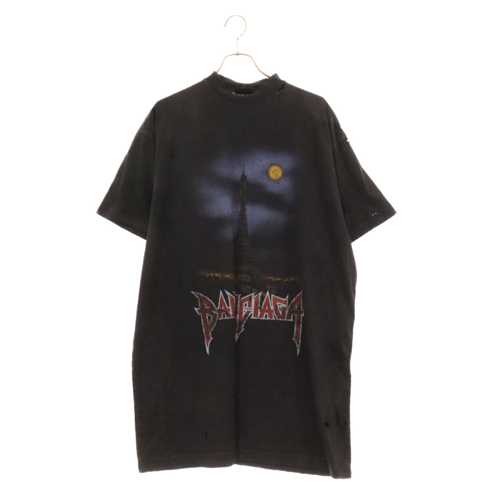 BALENCIAGA(バレンシアガ) Paris Moon Oversized Tee パリスムーン ダメージ加工 オーバーサイズ半袖Tシャツ ブラック 739028 TQVX6