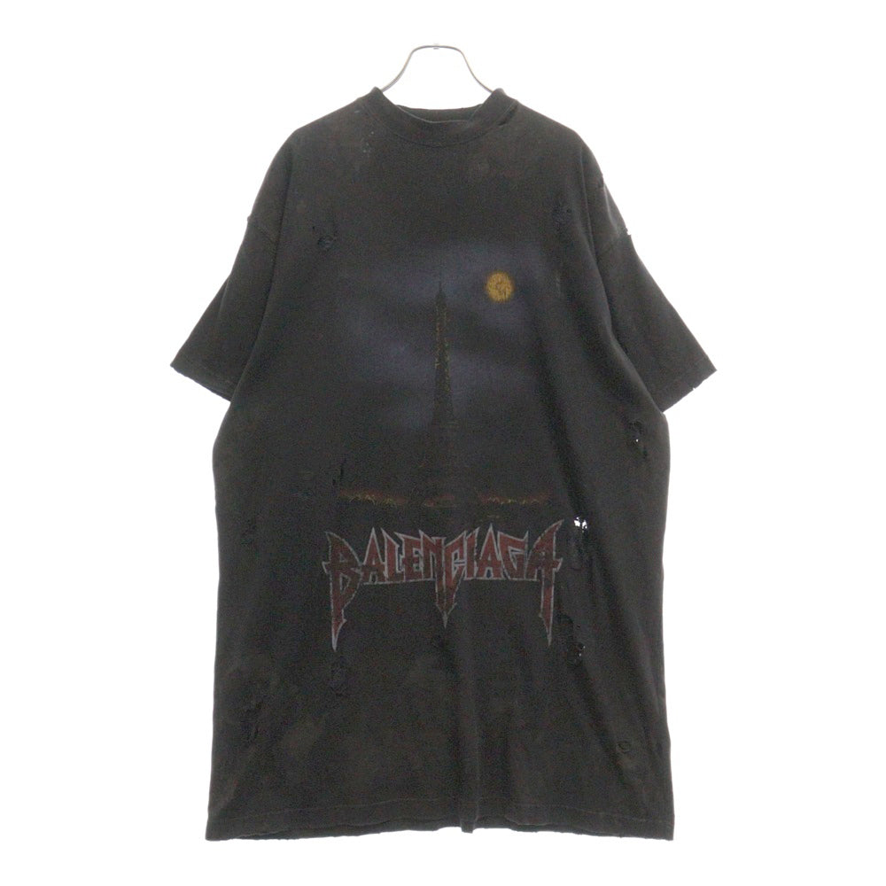 BALENCIAGA(バレンシアガ) 23SS Paris Moon Oversized Tee パリスムーン ダメージ加工 オーバーサイズ半袖Tシャツ ブラック 739028 TOVE4