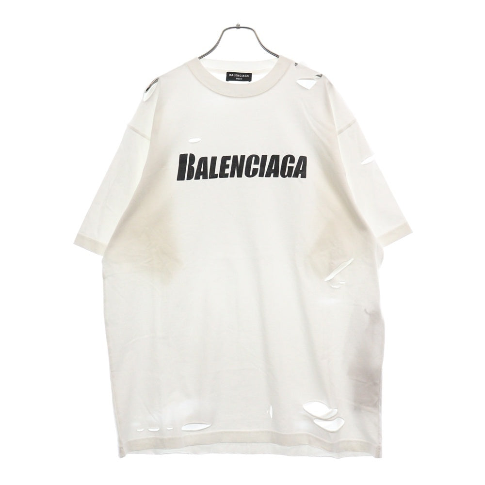 BALENCIAGA(バレンシアガ) 22SS Destroyed Logo Print T-Shirt デストロイ ロゴプリントダメージ加工半袖Tシャツ ホワイト 651795 TKVB8