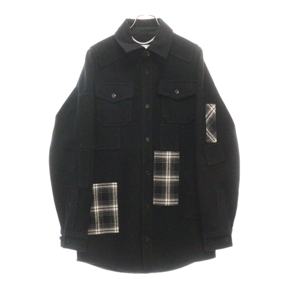 OFF-WHITE(オフホワイト) 20AW Tartan Detailed Shirt ロゴ刺繍ウールコート ブラック OMEA227E20FAB001