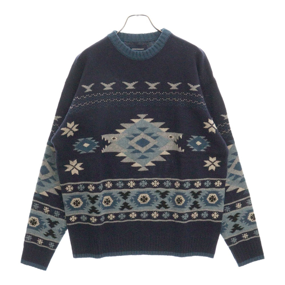 DESCENDANT(ディセンダント) 24AW MORAY CREW NECK KNIT 総柄クルーネックニットセーター ネイビー 242MADS-KNM04