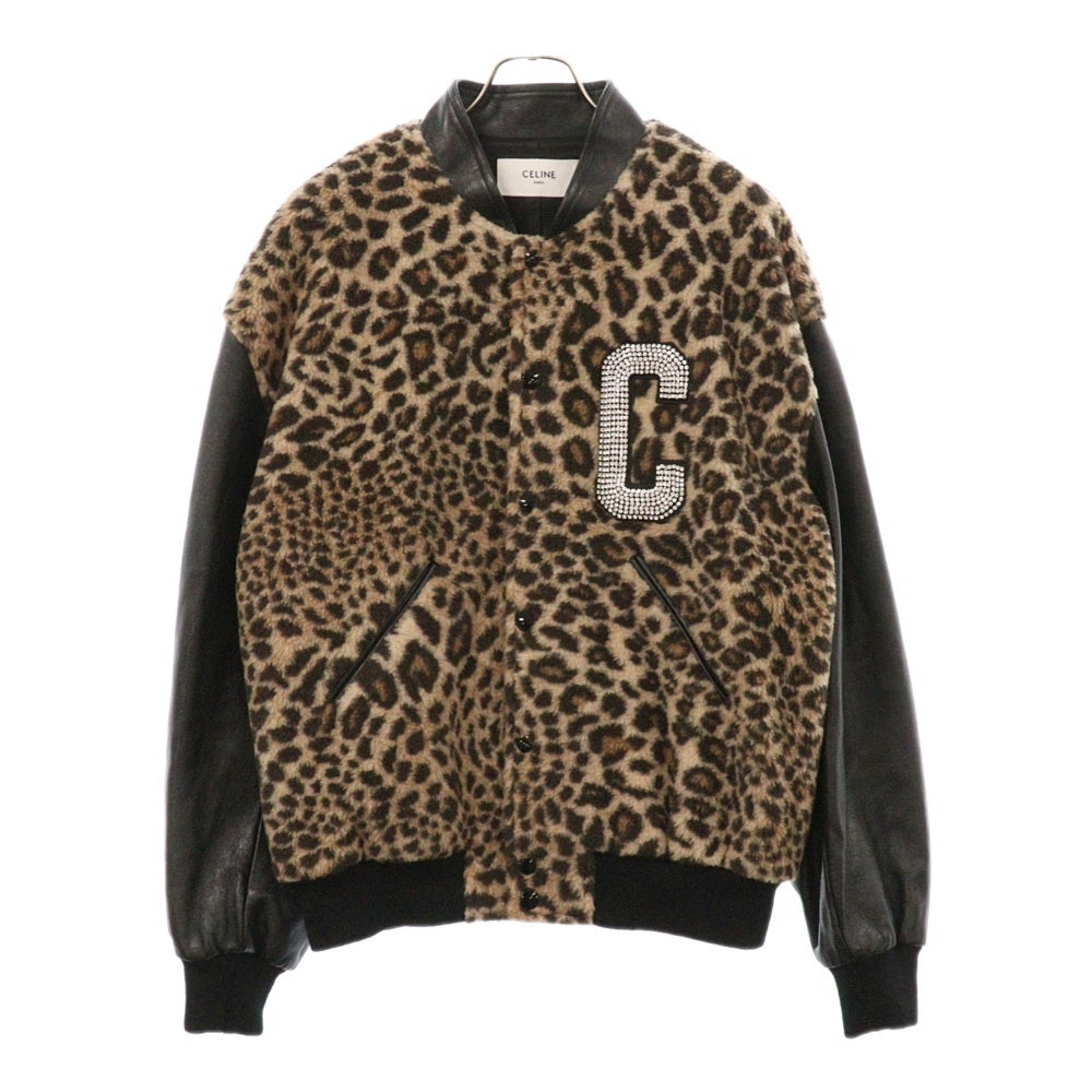 CELINE(セリーヌ) TEDDY JACKET エンブロイダリーパッチ テディジャケット レオパードプリント フリース 袖レザー ラインストーン ベージュ/ブラック 2V22L823R
