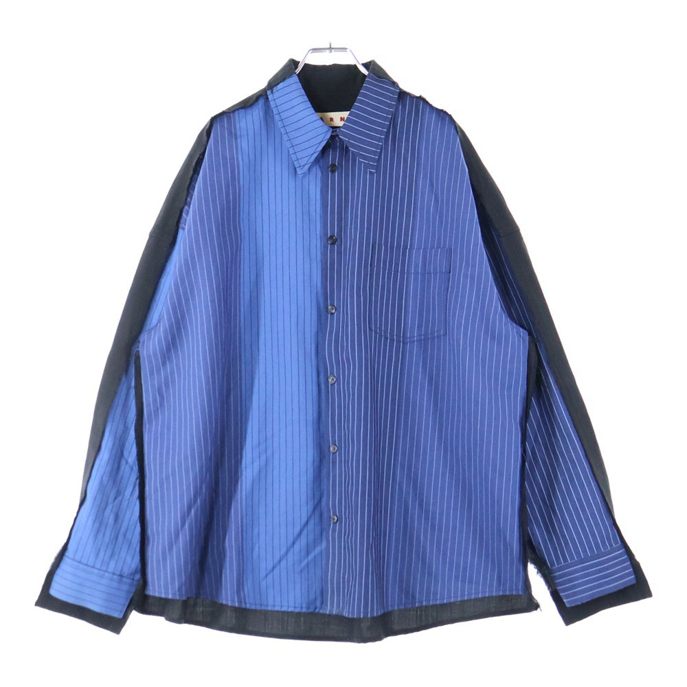 MARNI(マルニ) フロントポケット 切り替え デザイン ストライプ 長袖シャツ ブルー/ブラック CUMU0278UD UTWA14