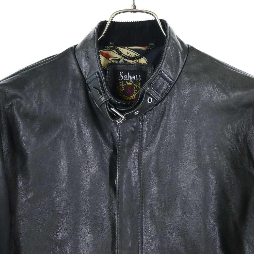 SCHOTT(ショット) ラムレザー ジップアップ 総柄ライナーシングルライダースジャケット ブラック
