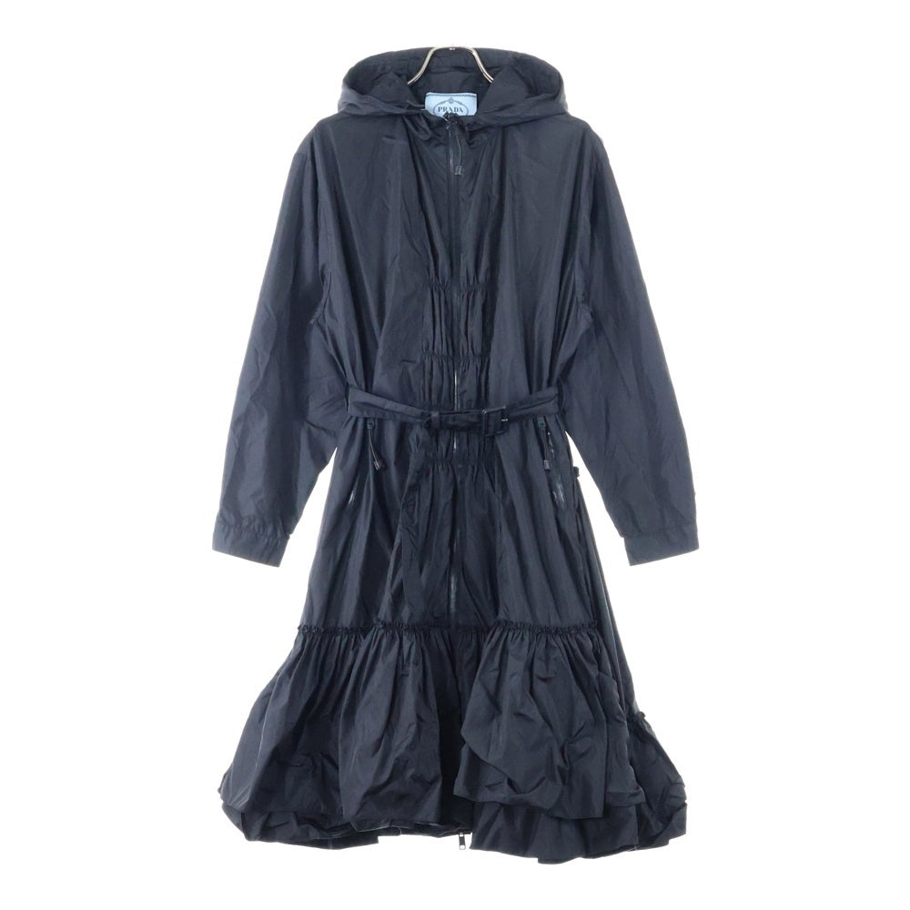 PRADA(プラダ) フロントジップ フード付き フレア ロングコート ジャケット ベルト付き レディース ブラック 291304