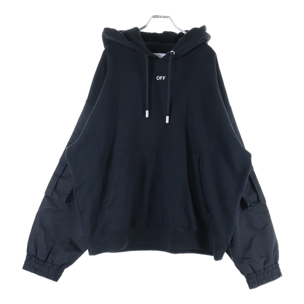 OFF-WHITE(オフホワイト) Hybrid Nylon Hoodie ナイロン 切替 フロントロゴプリント プルオーバーパーカー スウェット ブラック