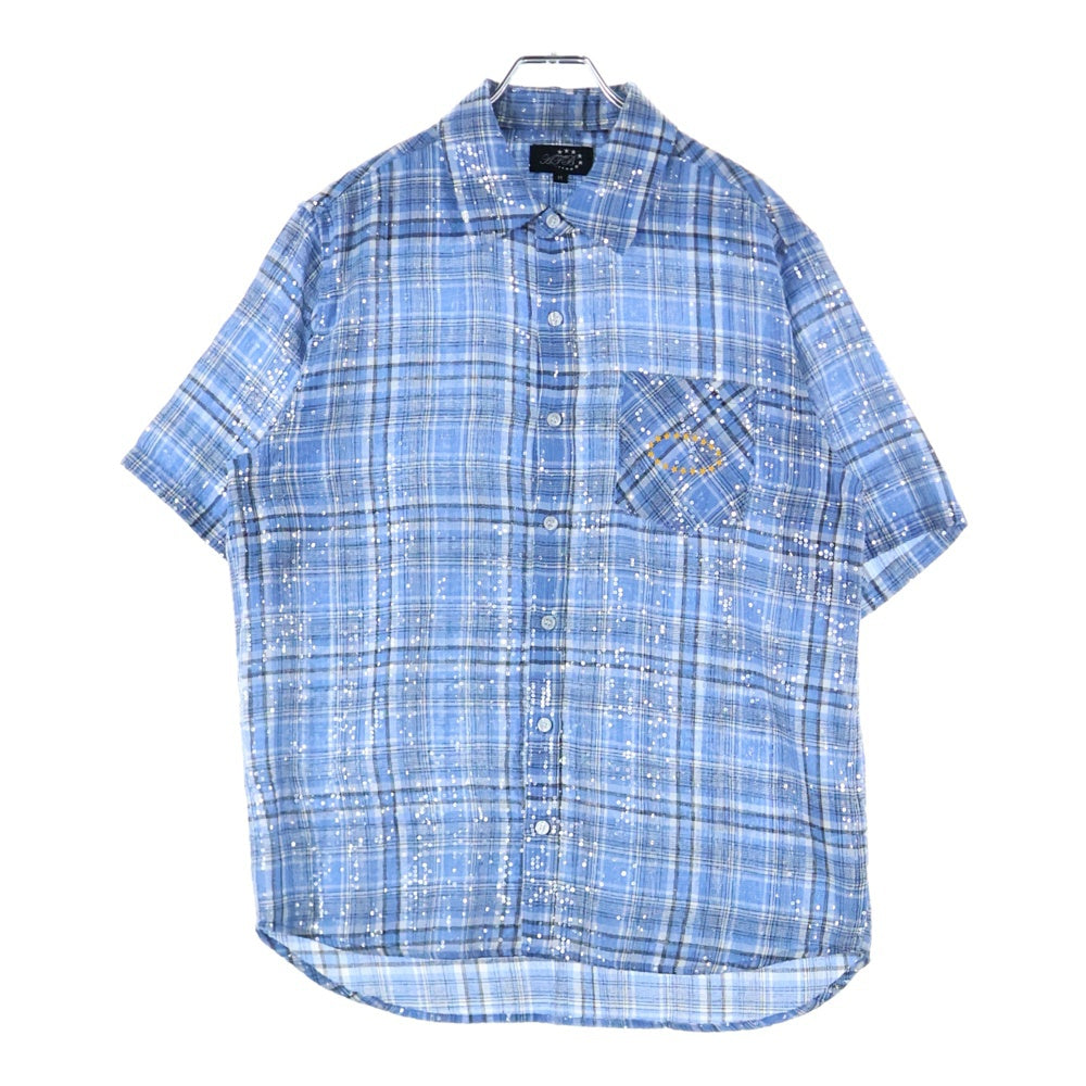 AFB(エーエフビー) SPANGLE SS SHIRT スパンコール フロントポケット チェック柄 半袖シャツ ブルー
