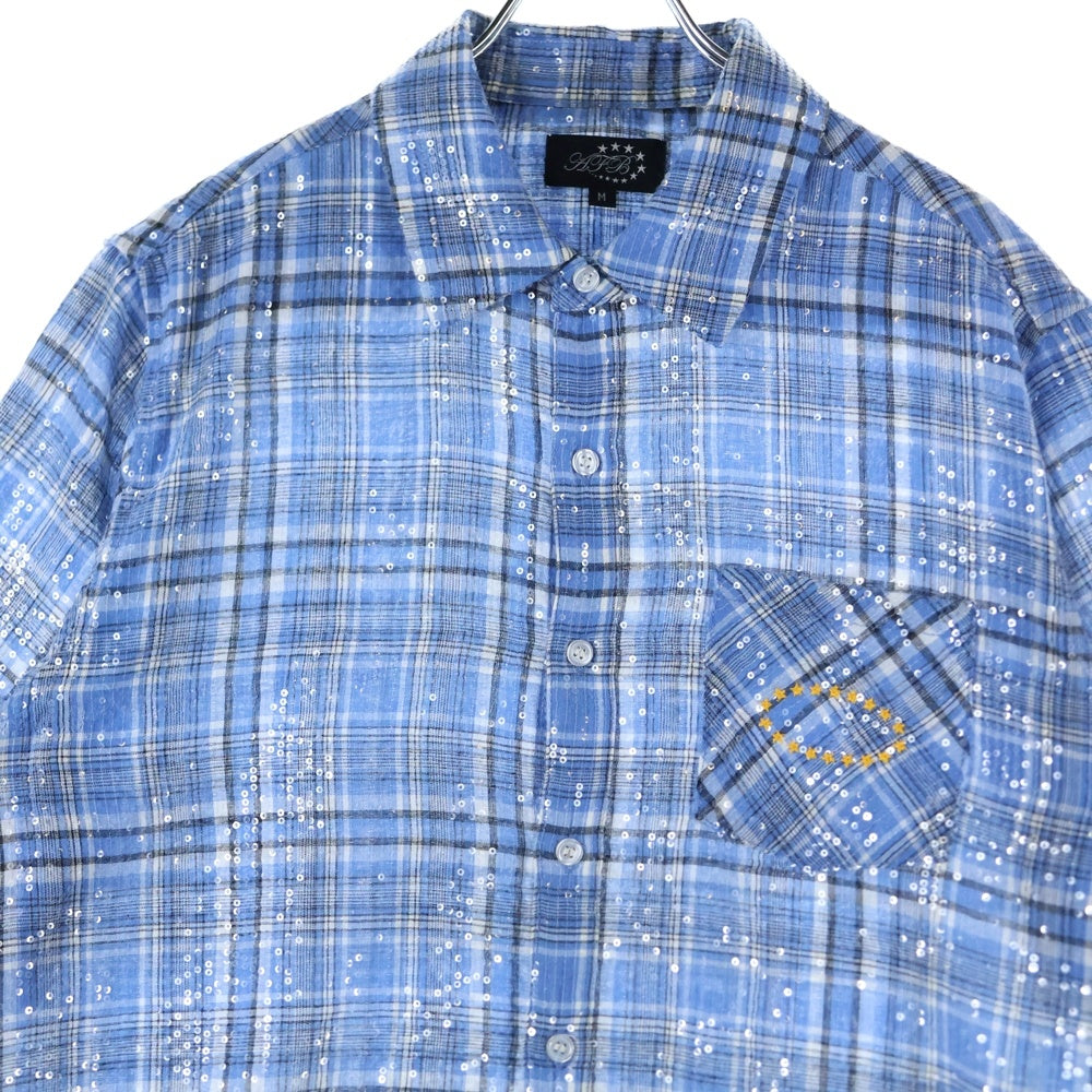 AFB(エーエフビー) SPANGLE SS SHIRT スパンコール フロントポケット チェック柄 半袖シャツ ブルー