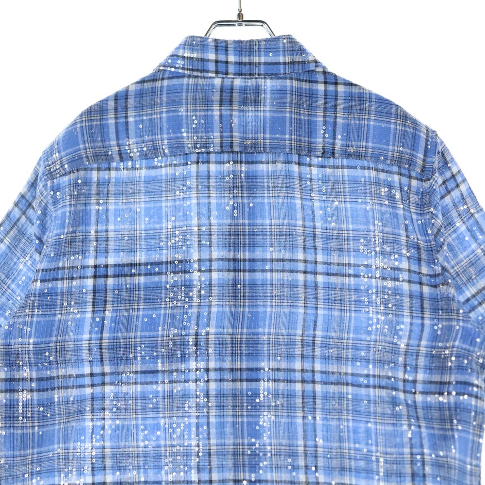 AFB(エーエフビー) SPANGLE SS SHIRT スパンコール フロントポケット チェック柄 半袖シャツ ブルー