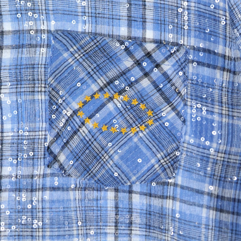 AFB(エーエフビー) SPANGLE SS SHIRT スパンコール フロントポケット チェック柄 半袖シャツ ブルー