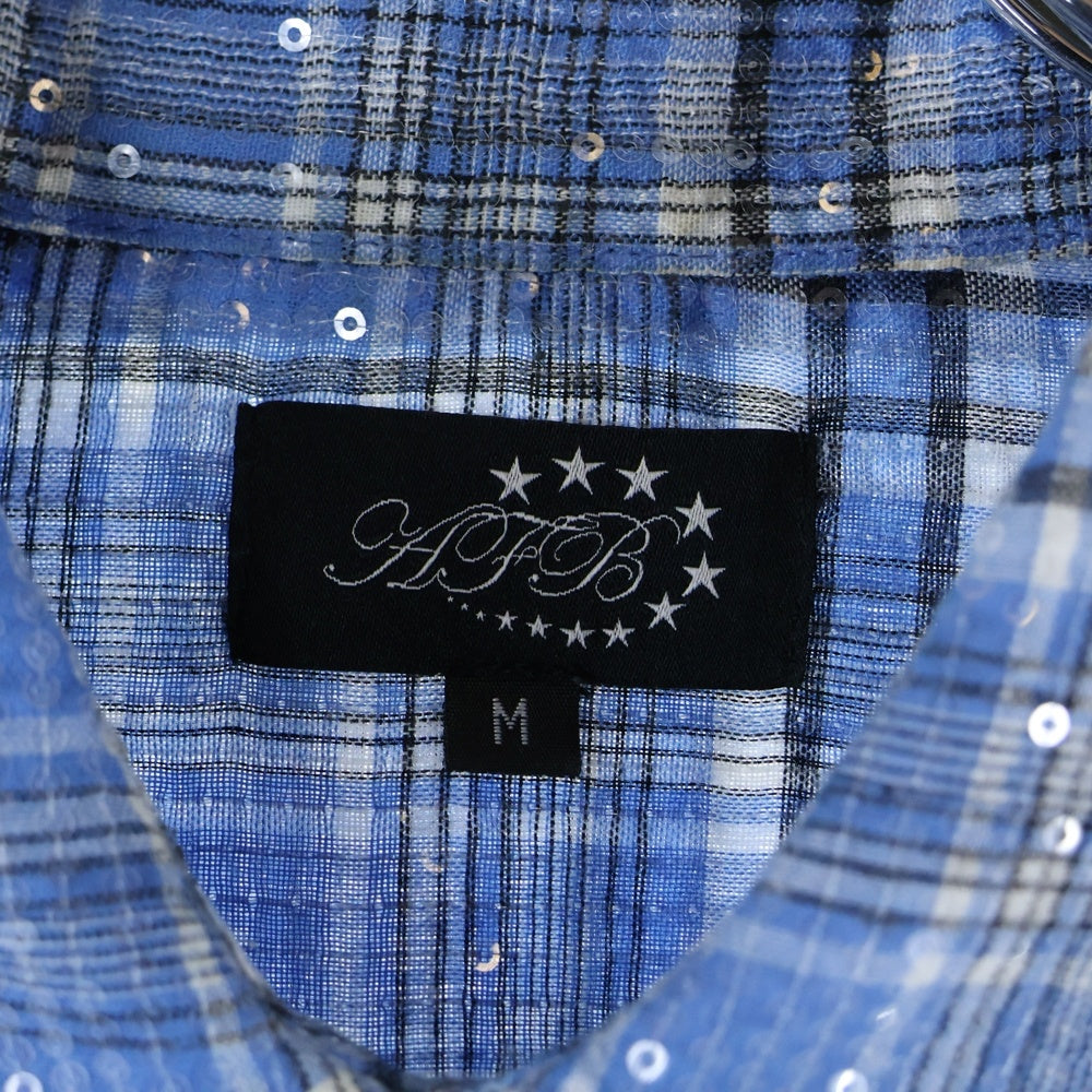 AFB(エーエフビー) SPANGLE SS SHIRT スパンコール フロントポケット チェック柄 半袖シャツ ブルー