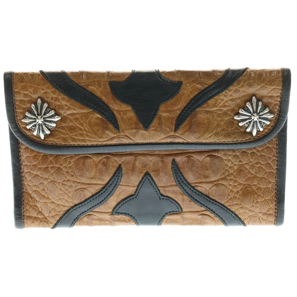 Travis Walker(トラヴィスワーカー) クロスモチーフ アリゲーター クロコダイルレザー シルバーコンチョ付きトラッカーウォレット 財布 ブラウン