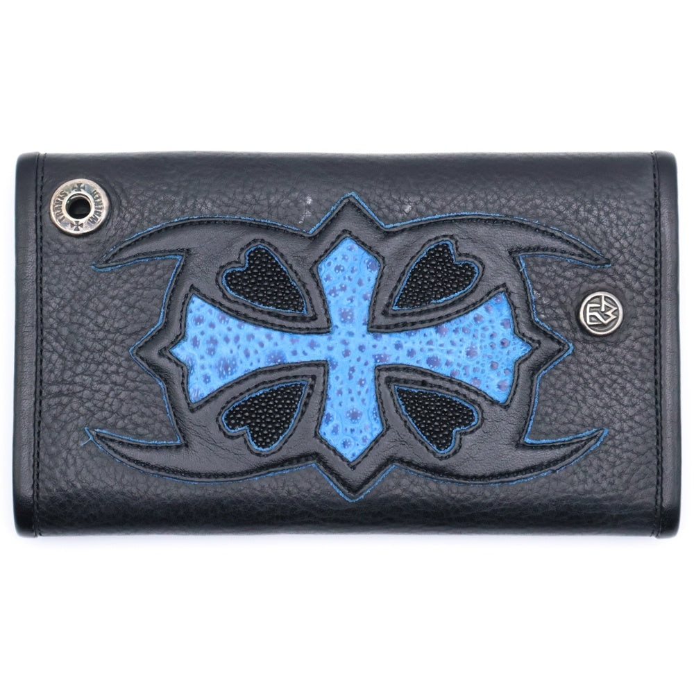 Travis Walker(トラヴィスワーカー) コンチョ付き クロスモチーフ レザー トラッカーウォレット 財布 ブラック/ブルー