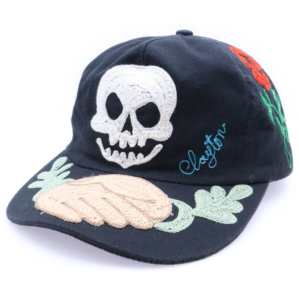 Clayton Patterson(クレイトン パターソン) SOLID SKULL chain stitch embroidery CAP ソリッドスカル フラワー刺繍 5パネルキャップ 帽子 ブラック