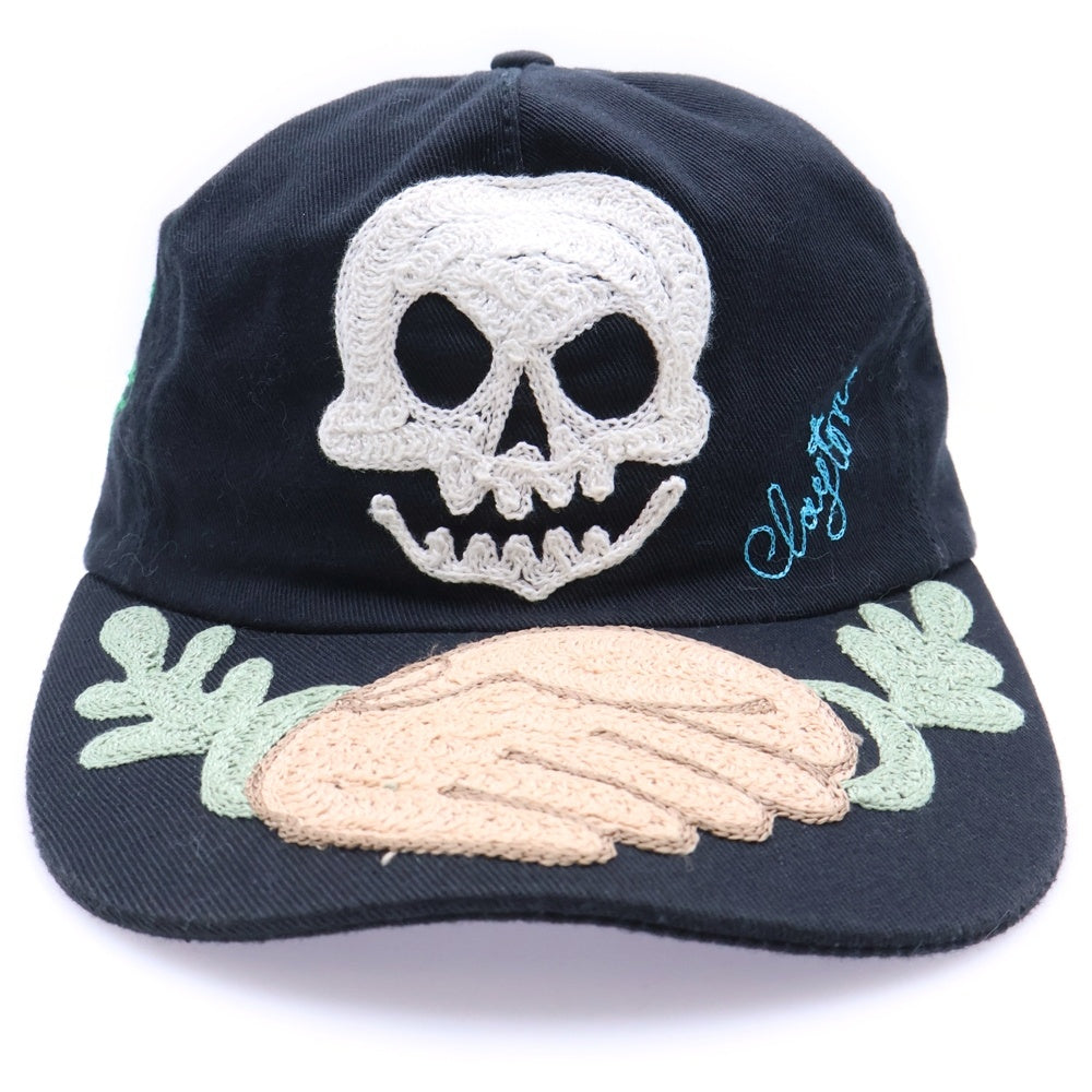 Clayton Patterson(クレイトン パターソン) SOLID SKULL chain stitch embroidery CAP ソリッドスカル フラワー刺繍 5パネルキャップ 帽子 ブラック