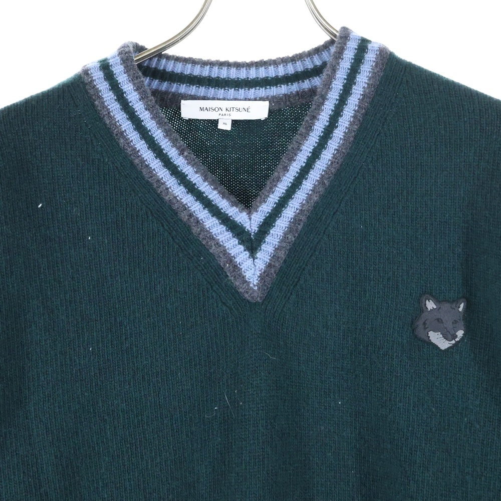 A18372 美品 メゾンキツネ ワッペンロゴ クルーネックニット ワイン M