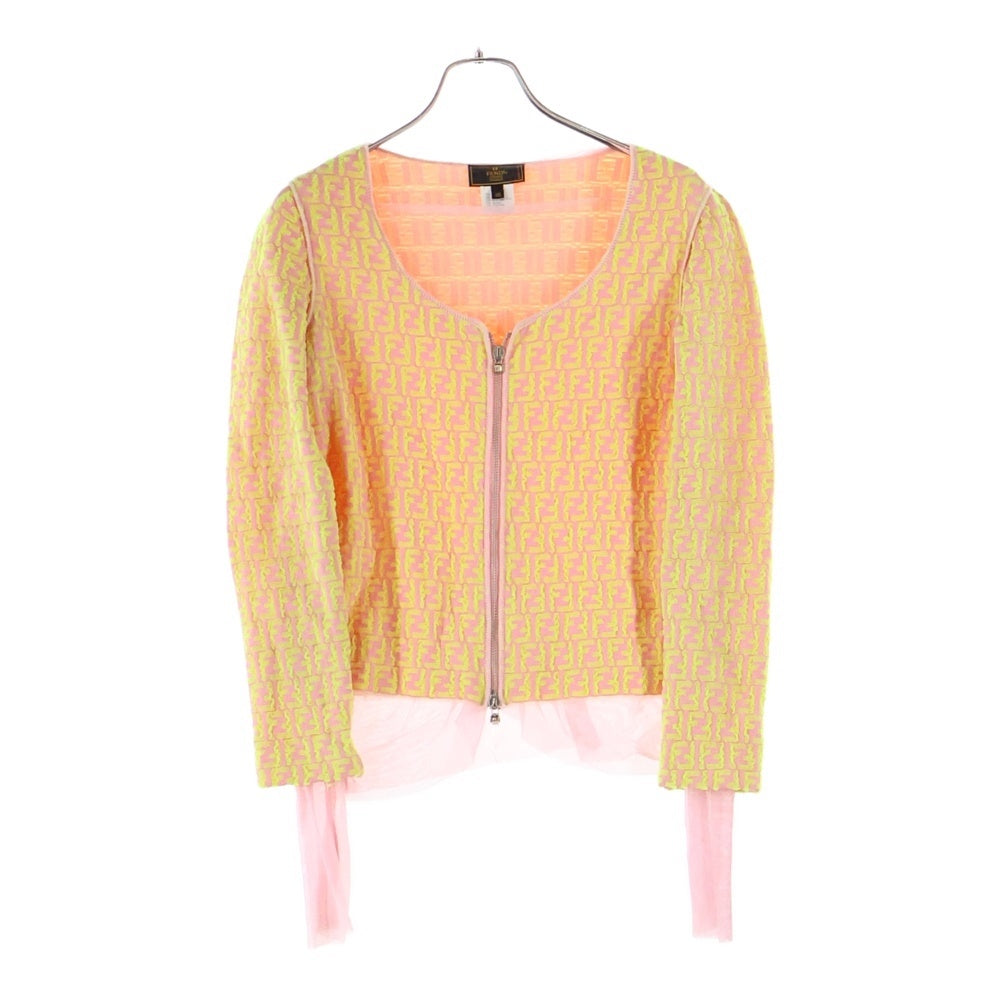 FENDI(フェンディ) ズッカ 総柄 ジップアップ ノーカラー ニットジャケット レディース ピンク/イエロー