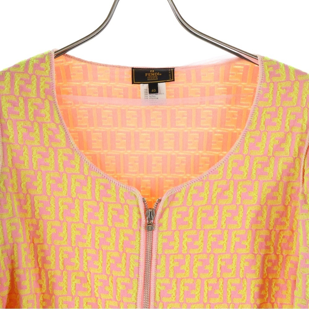 FENDI(フェンディ) ズッカ 総柄 ジップアップ ノーカラー ニットジャケット レディース ピンク/イエロー