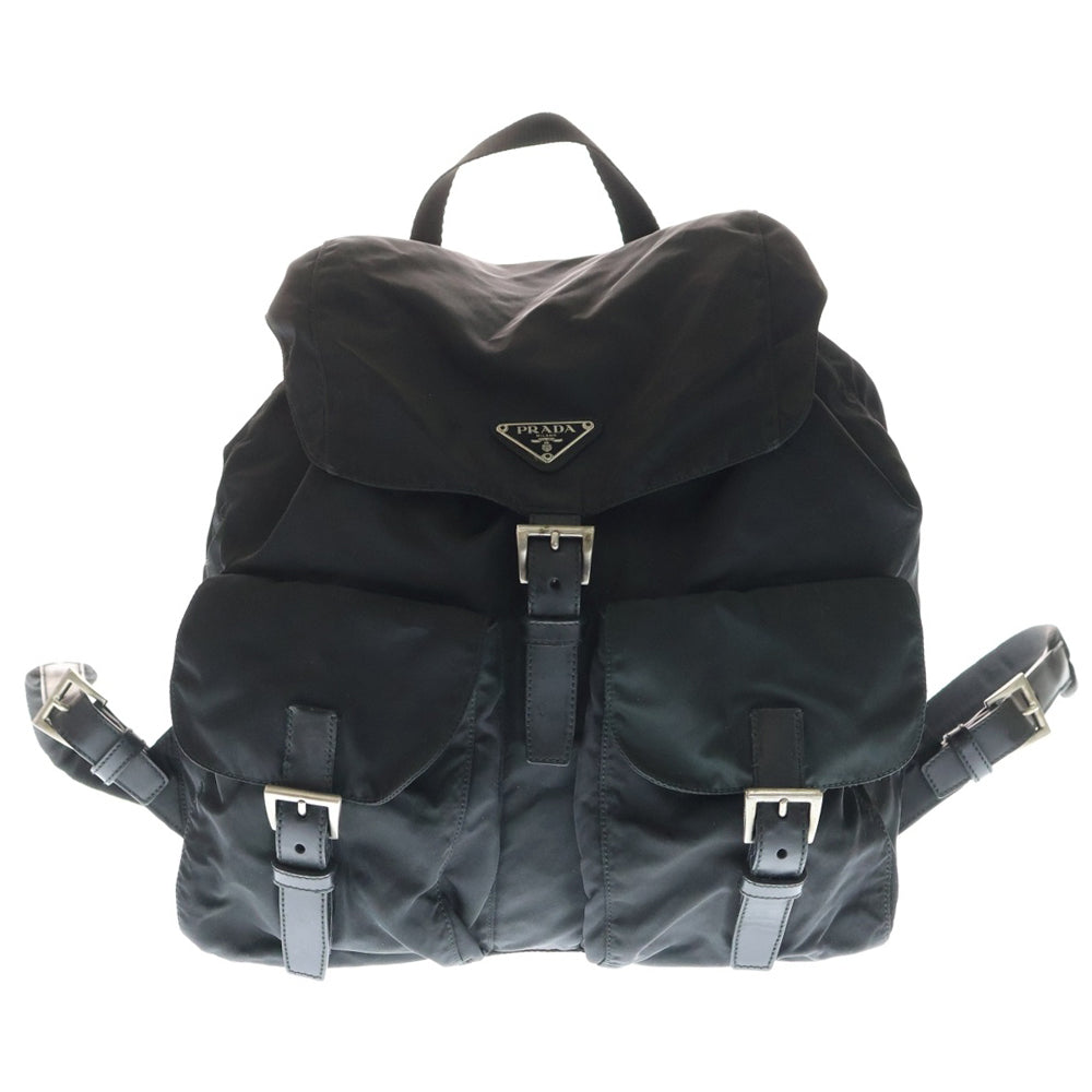 PRADA(プラダ) テスートナイロン レザー トライアングルロゴプレート リュックサック バックパック シルバー金具 ブラック